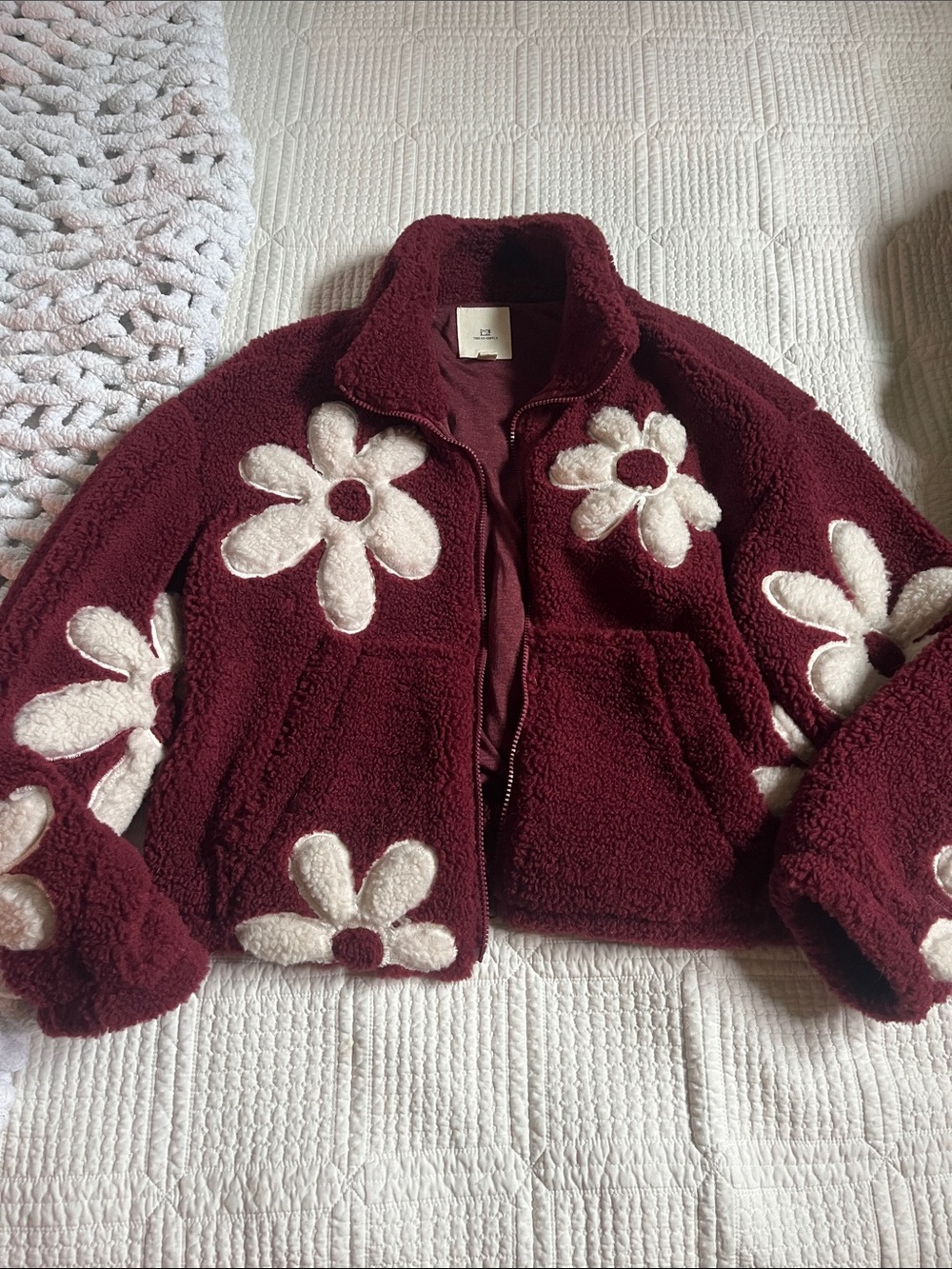 Thread & Supply Burgundy Women’s Sherpa Jacket with Cream Daisy Appliqués